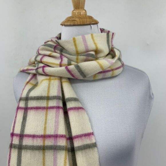 Joules Scarf Womens 72" X 11.5" Beige Berry Fairwell Check Wool Knit Tassel - Picture 3 of 14